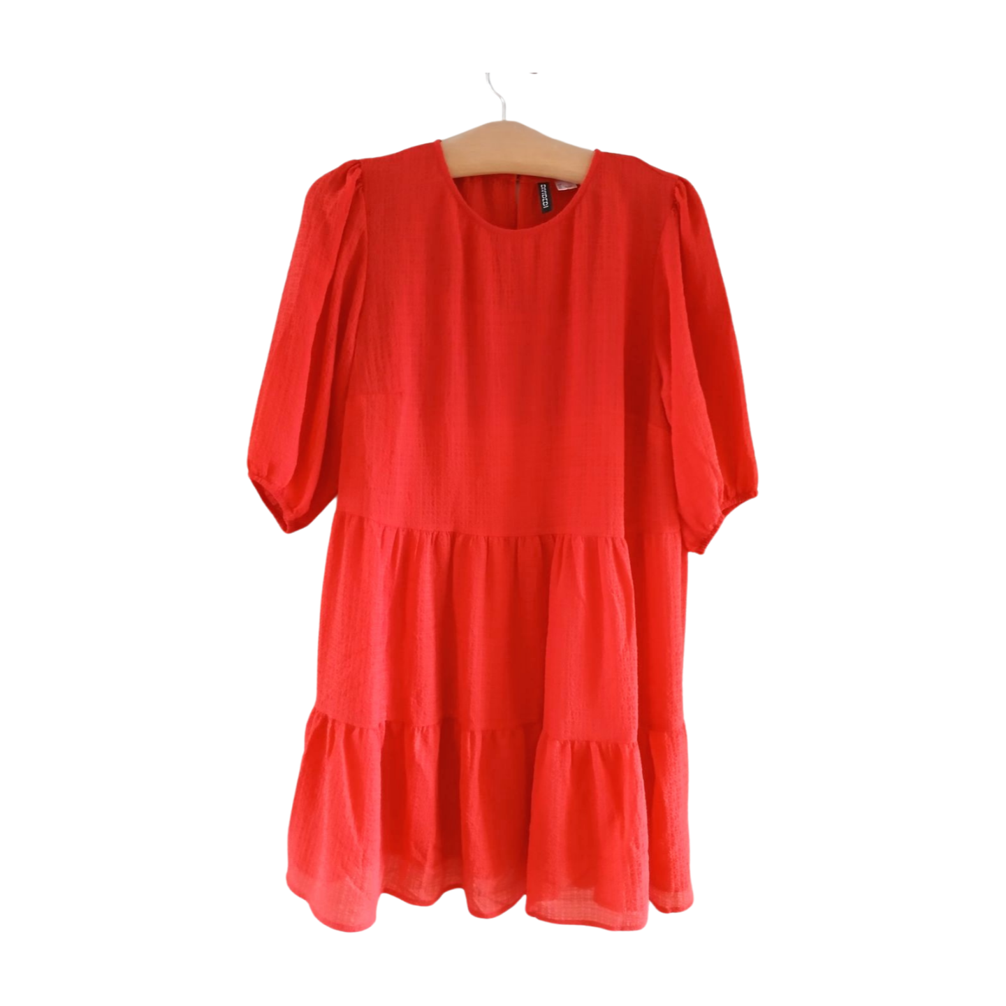 H&M Red Sheer Tiered Dress Puff Sleeve With Lining Size L