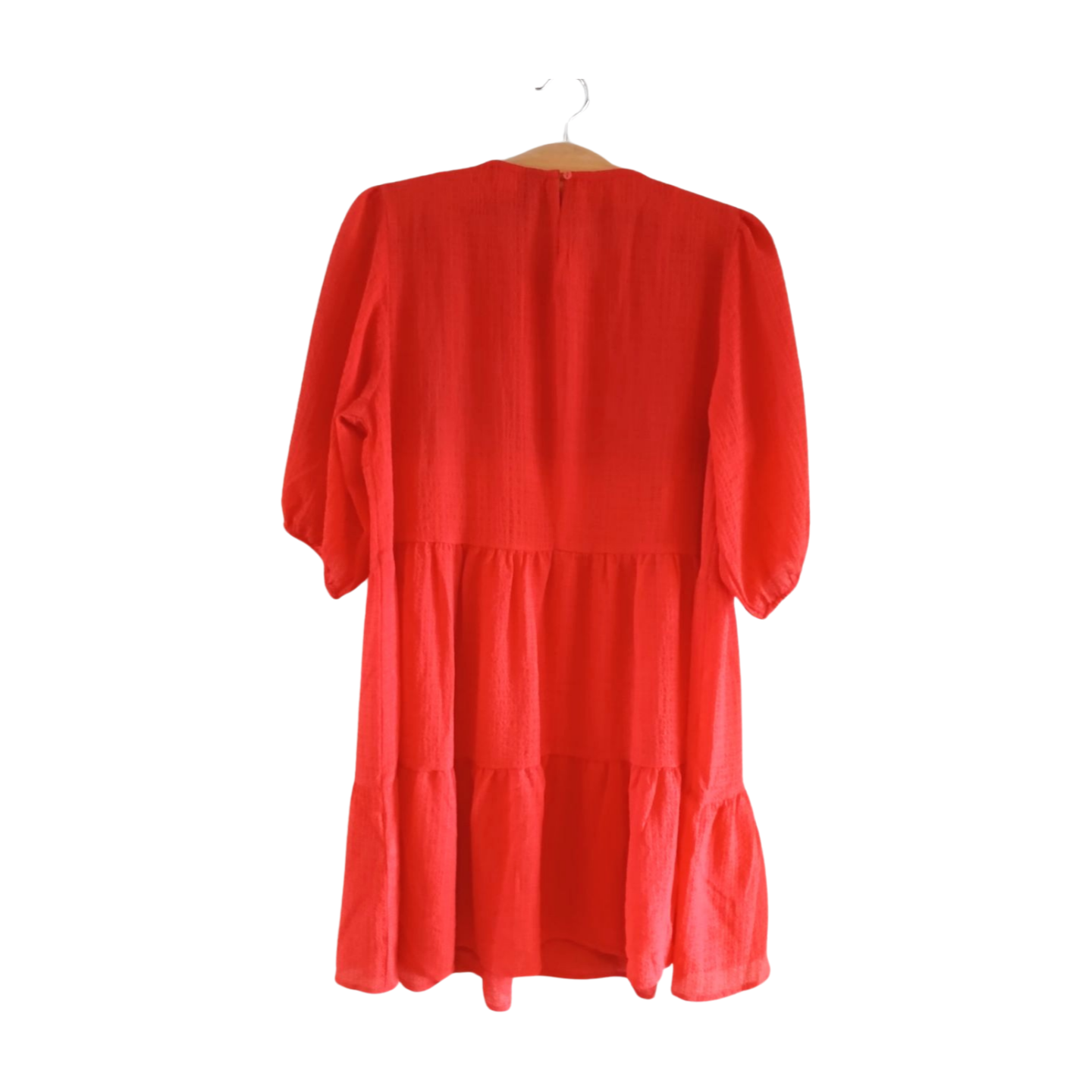 H&M Red Sheer Tiered Dress Puff Sleeve With Lining Size L