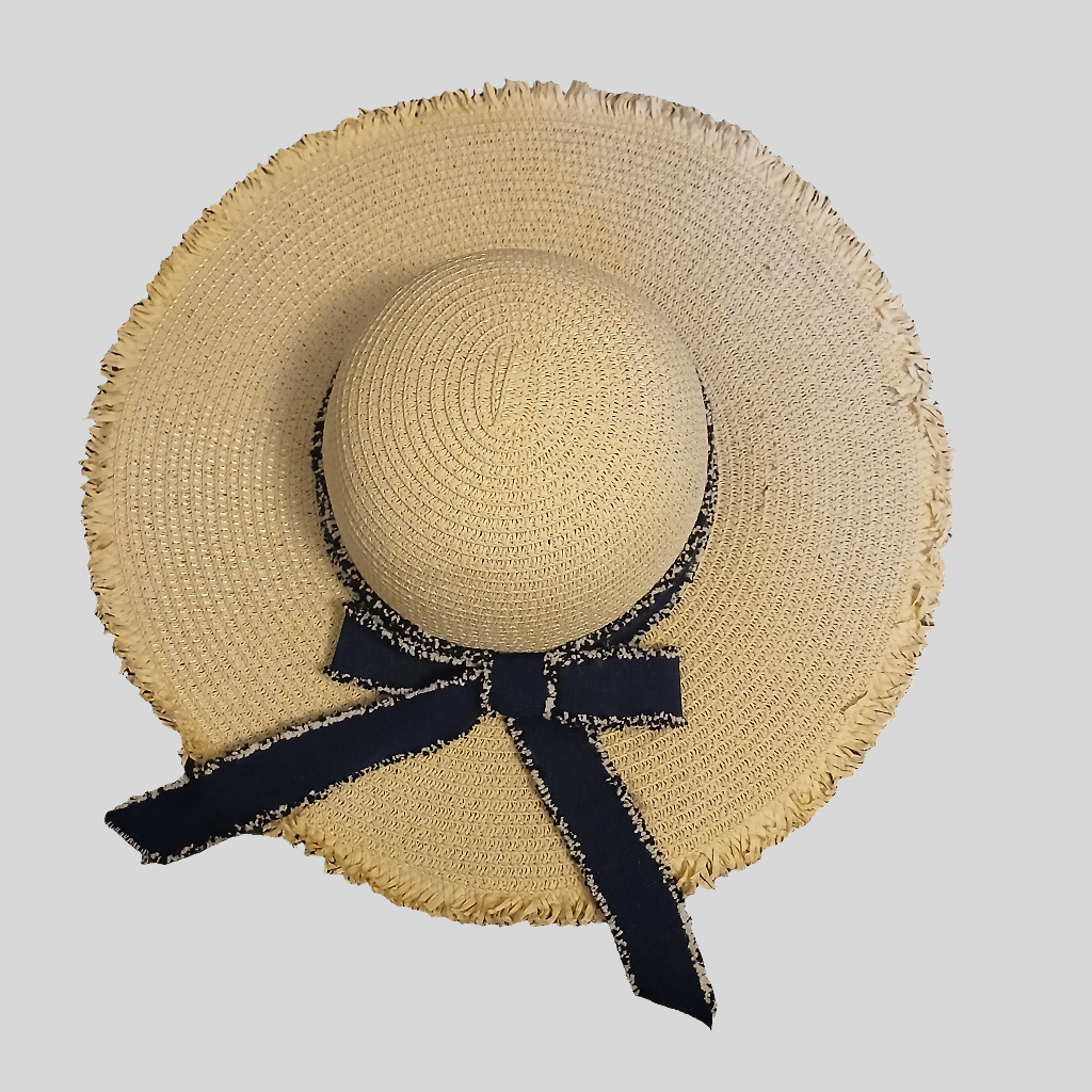 Straw Sun Hat with Navy Bow