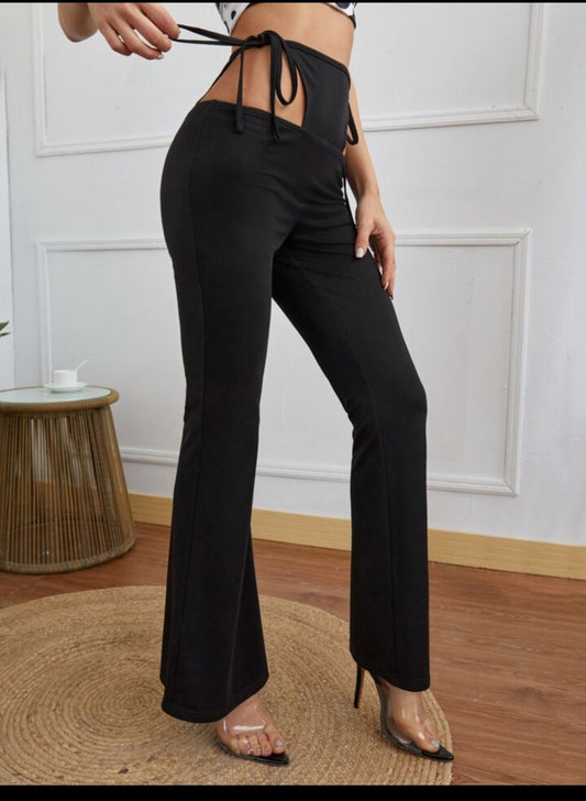 Shein Black Flares Trousers with Waist Tie Size 6