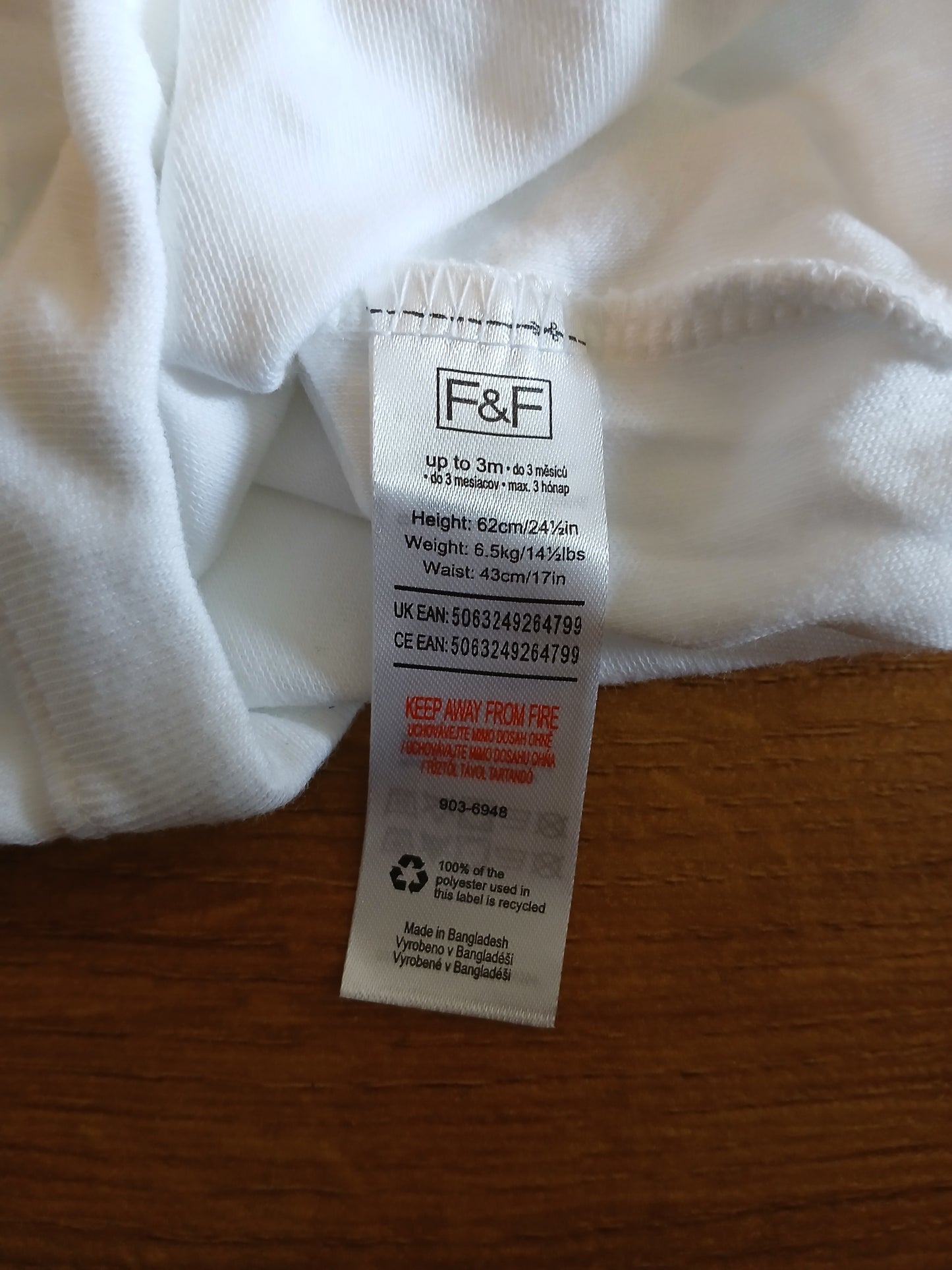 F&F White Babygrow Vest Age Up To 3 Months