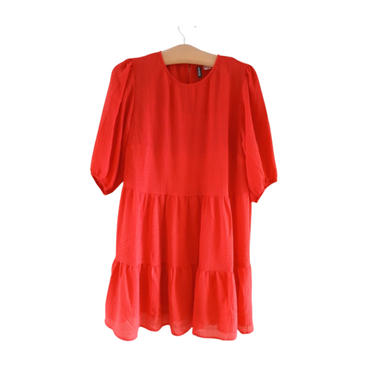 H&M Red Sheer Tiered Dress Puff Sleeve With Lining Size L