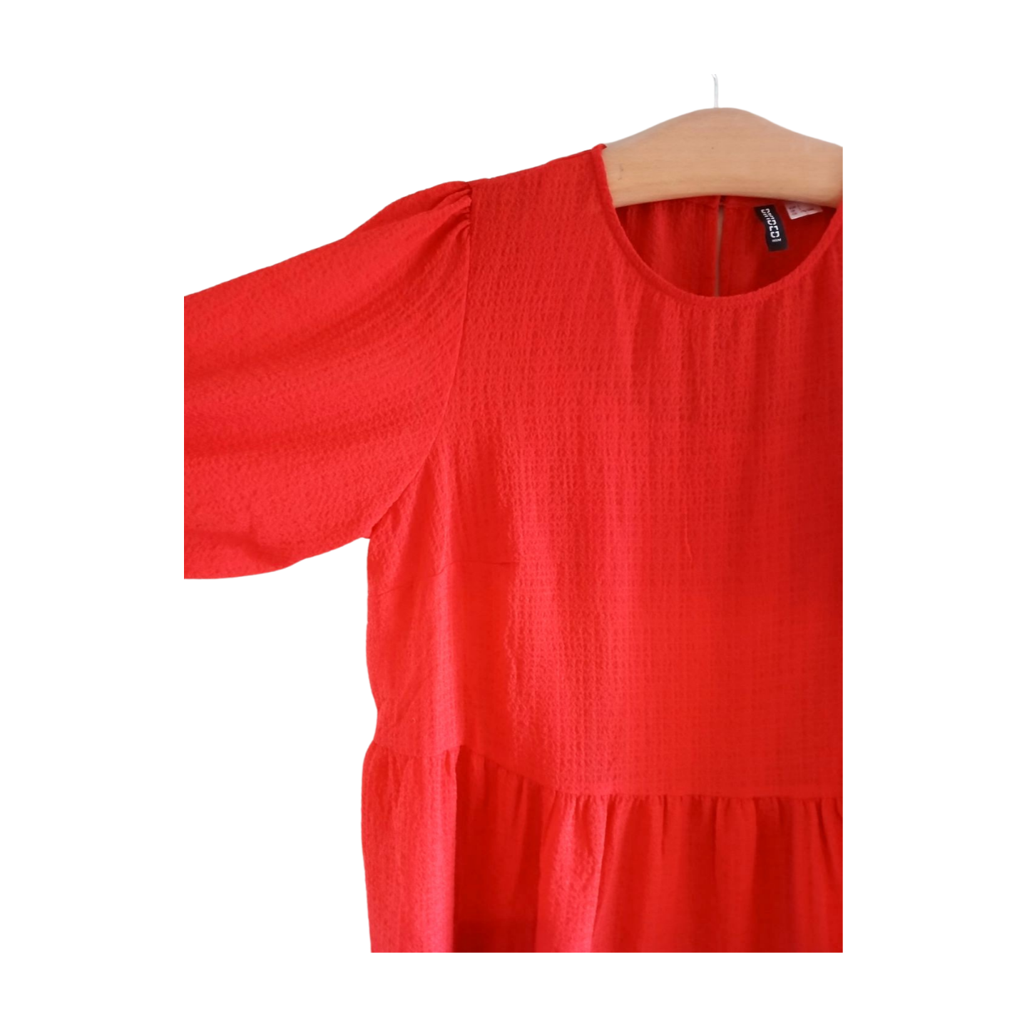 H&M Red Sheer Tiered Dress Puff Sleeve With Lining Size L