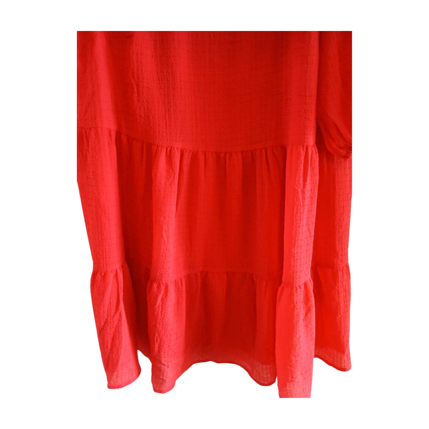 H&M Red Sheer Tiered Dress Puff Sleeve With Lining Size L