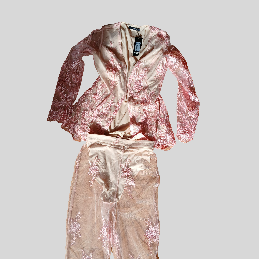 Brand New I Saw It First Pink Sheer Lace Co-Ord Two Piece Suit Size 10