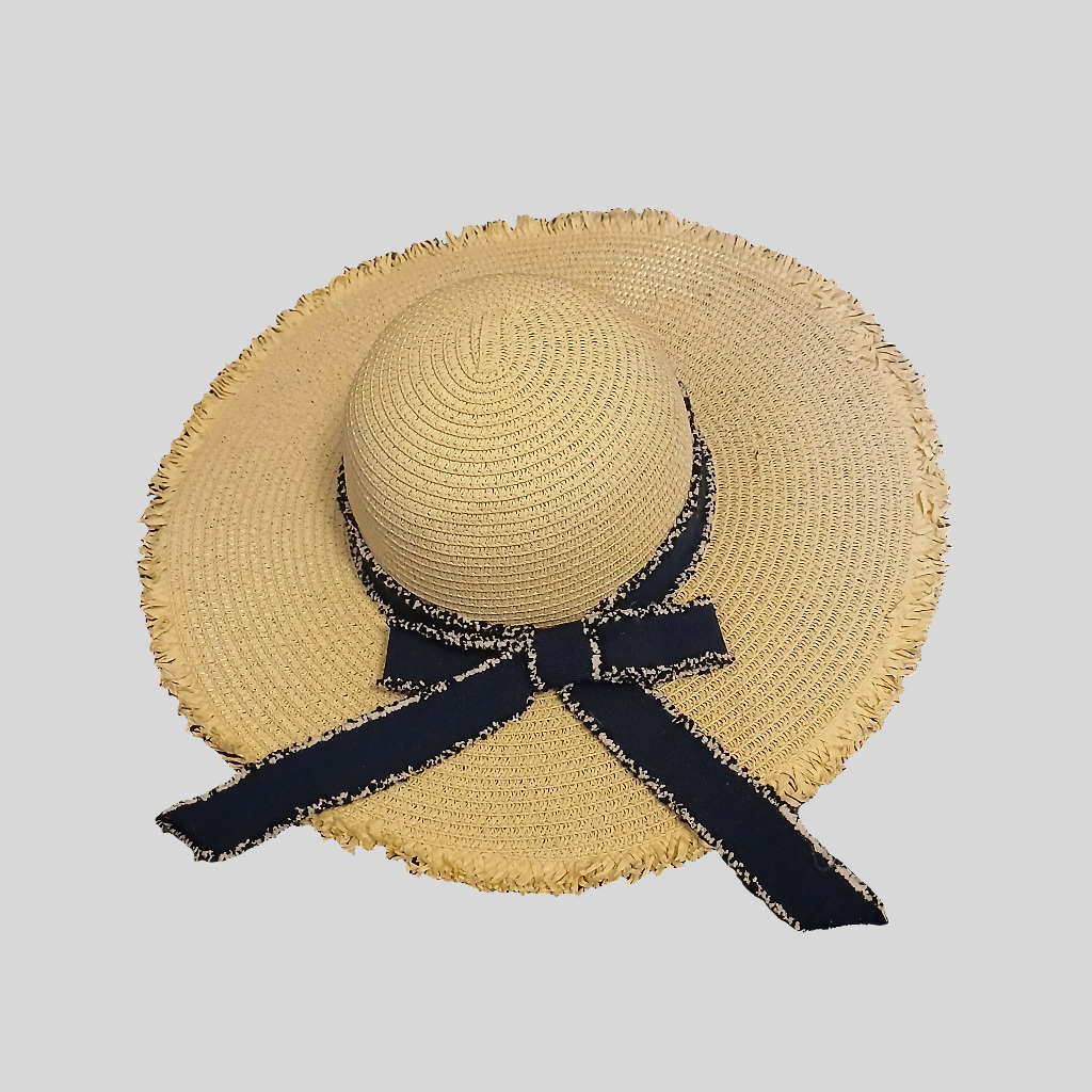 Straw Sun Hat with Navy Bow
