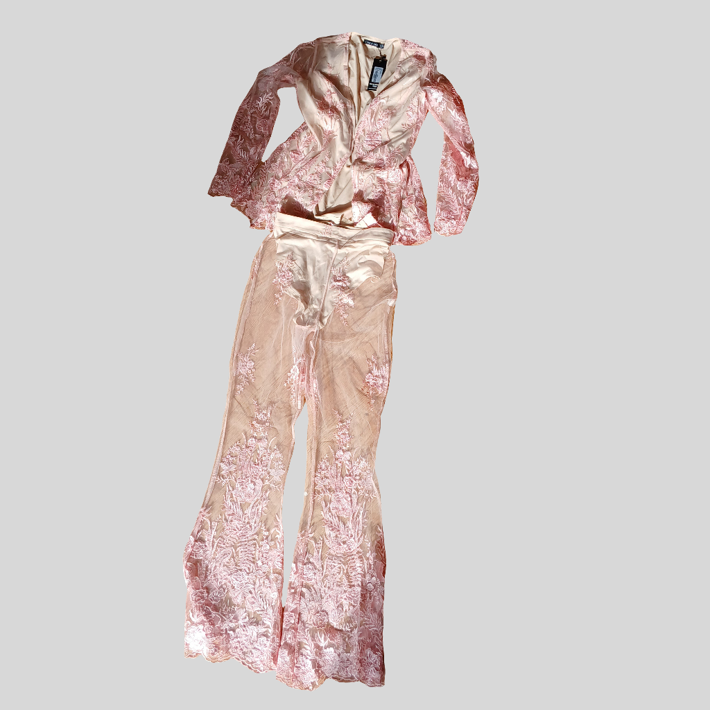 Brand New I Saw It First Pink Sheer Lace Co-Ord Two Piece Suit Size 10