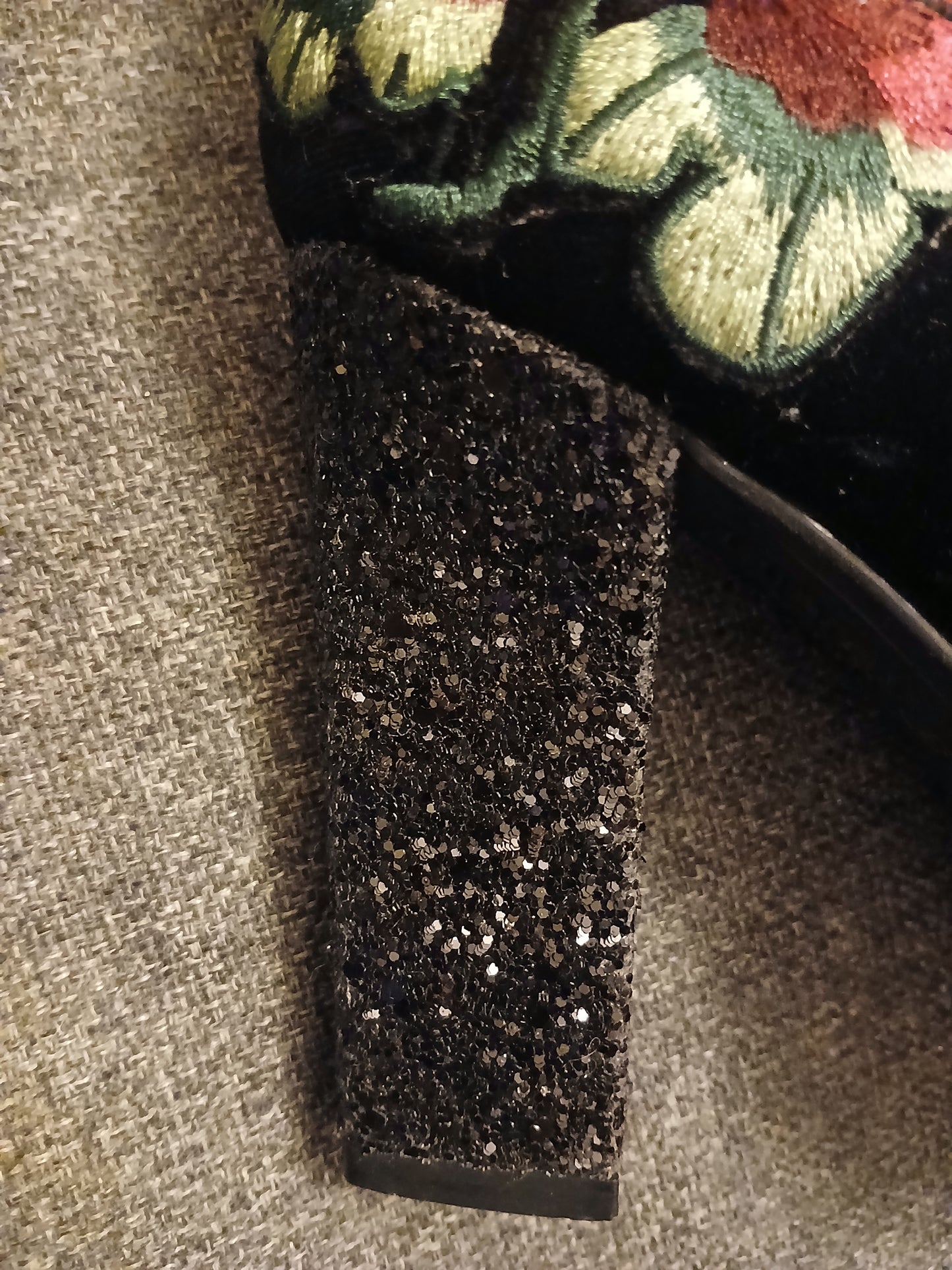 "Glamour" Black Velvety Boots with Embroidered Flowers and Glitter Heel Size 37