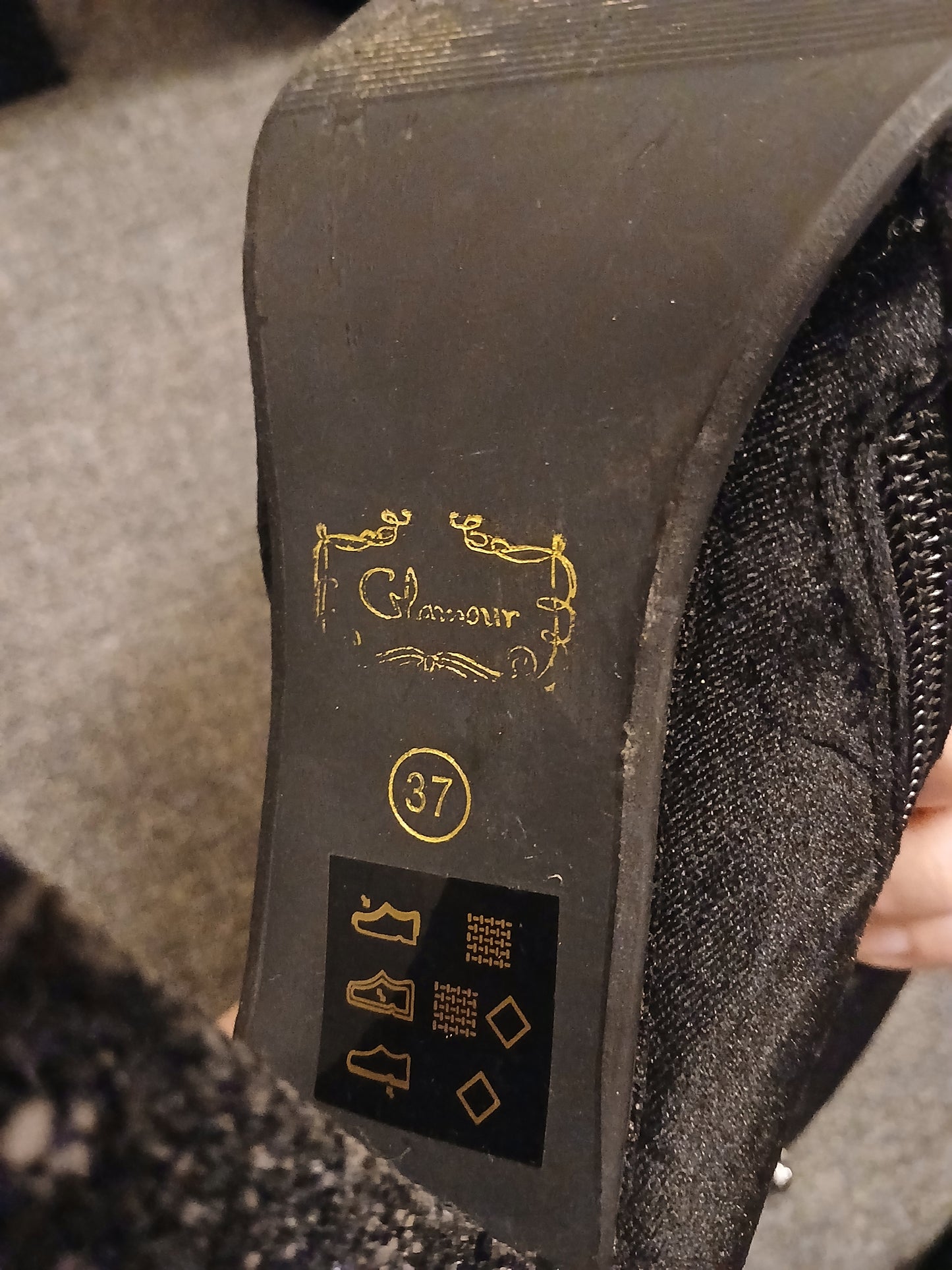 "Glamour" Black Velvety Boots with Embroidered Flowers and Glitter Heel Size 37