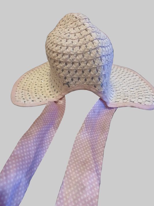 Kids Pink Straw Bonnet Hat with Ribbon