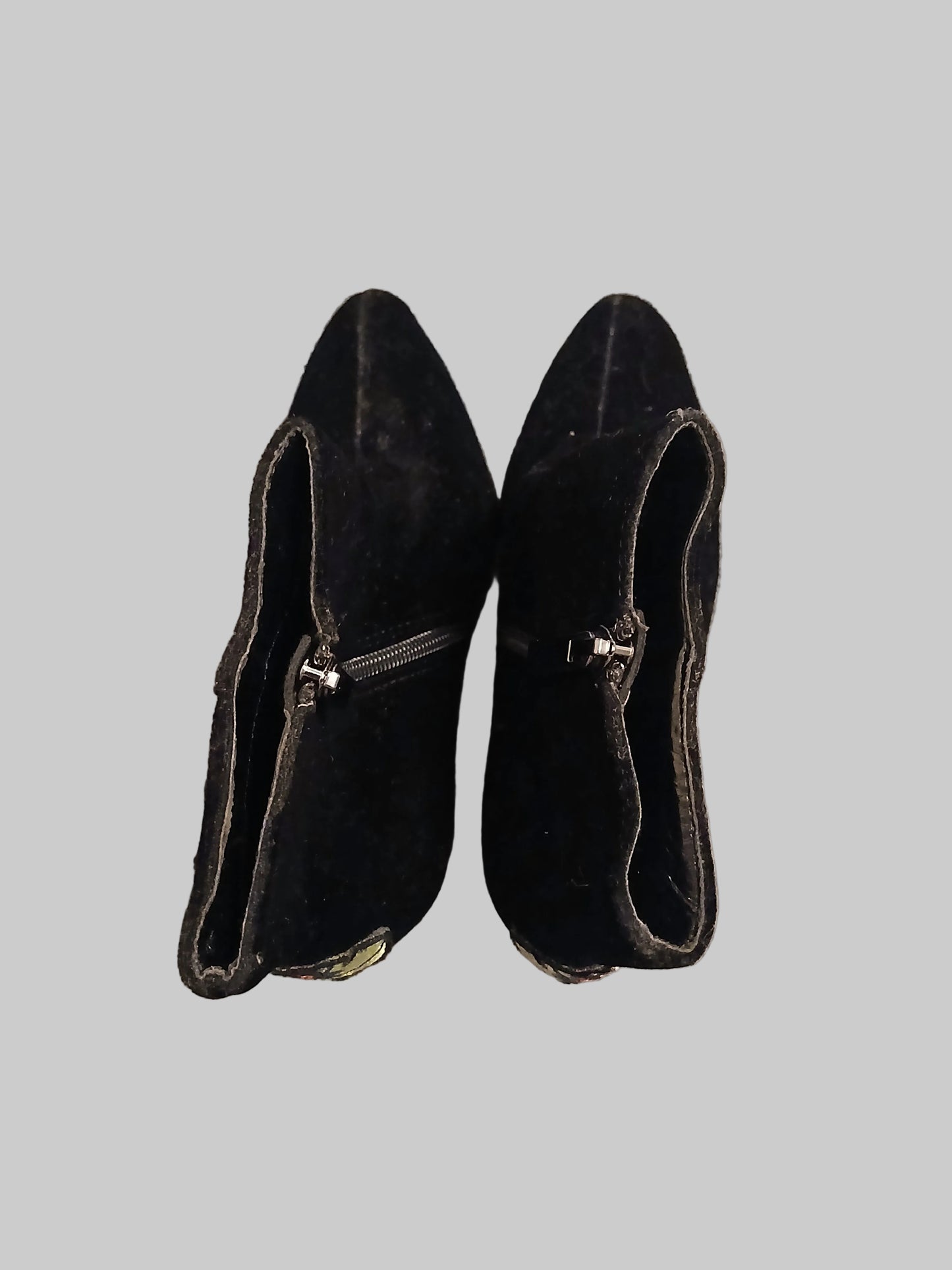 "Glamour" Black Velvety Boots with Embroidered Flowers and Glitter Heel Size 37