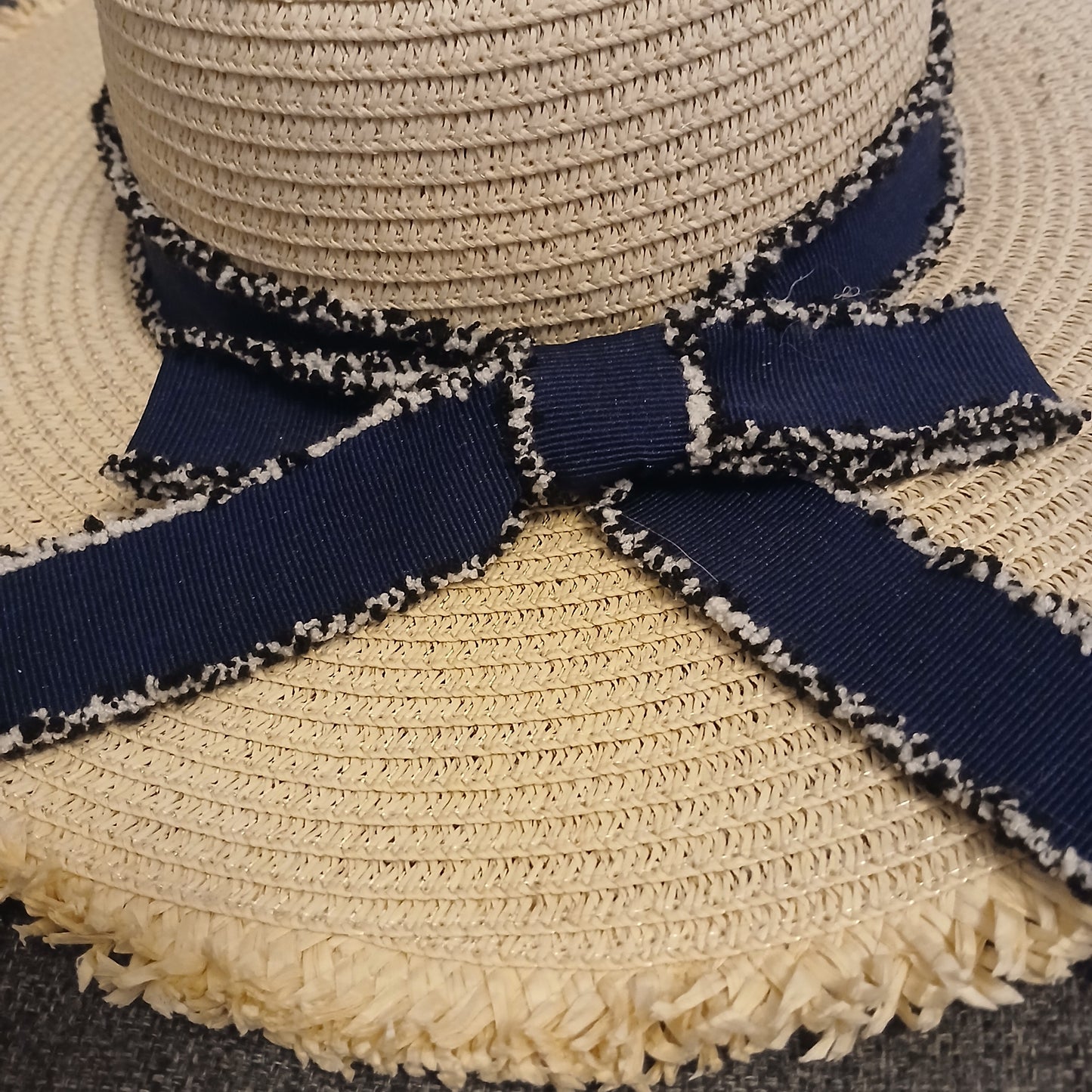 Straw Sun Hat with Navy Bow