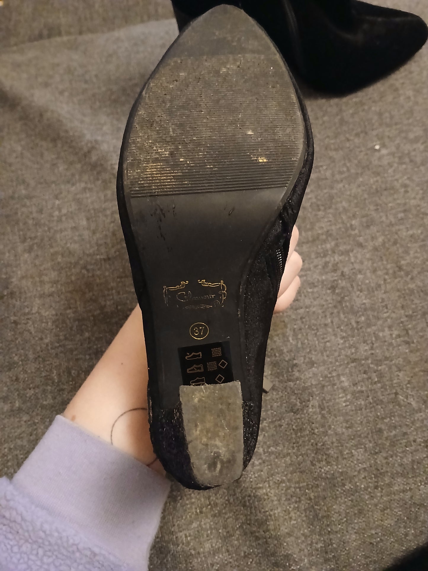 "Glamour" Black Velvety Boots with Embroidered Flowers and Glitter Heel Size 37