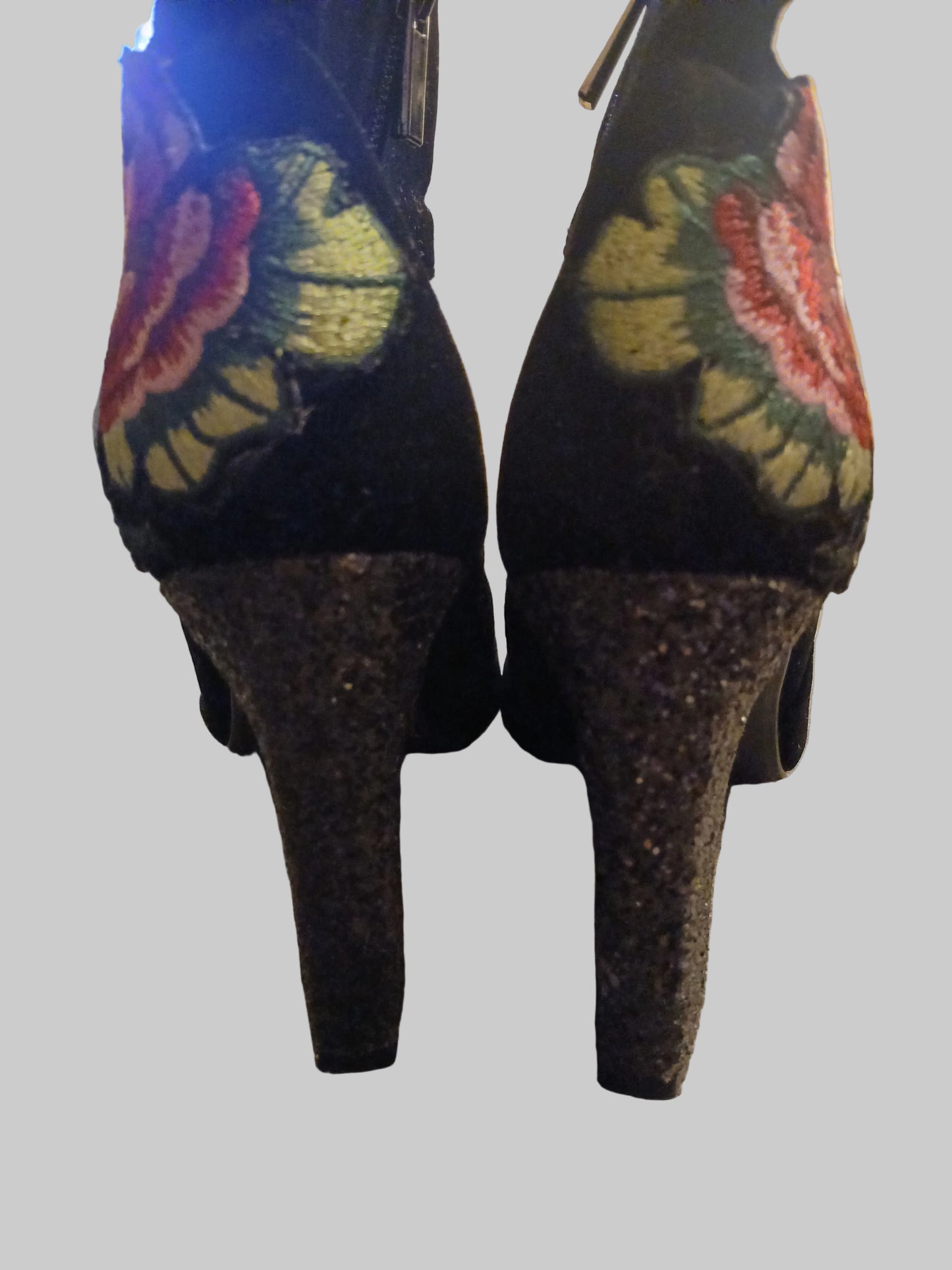 "Glamour" Black Velvety Boots with Embroidered Flowers and Glitter Heel Size 37